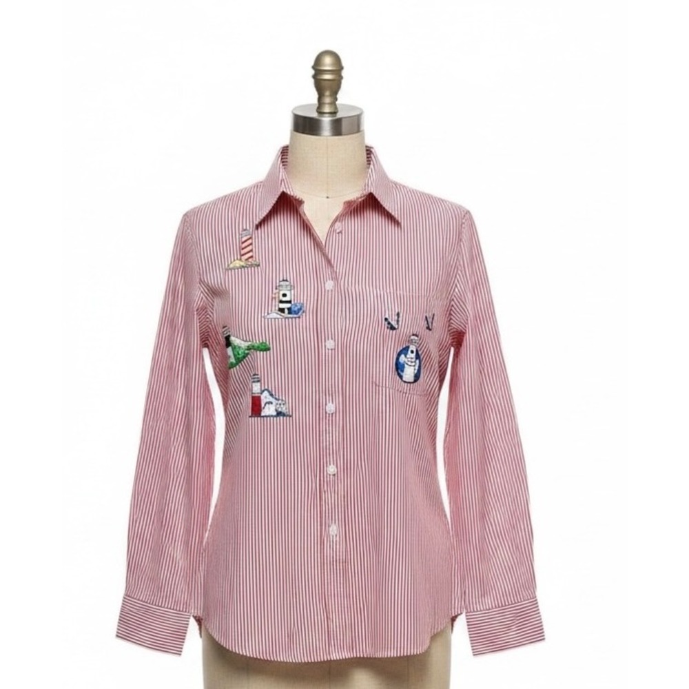 Las Olas Womens Button Up Shirt Lighthouse Embroidered Striped Red‎ White Medium